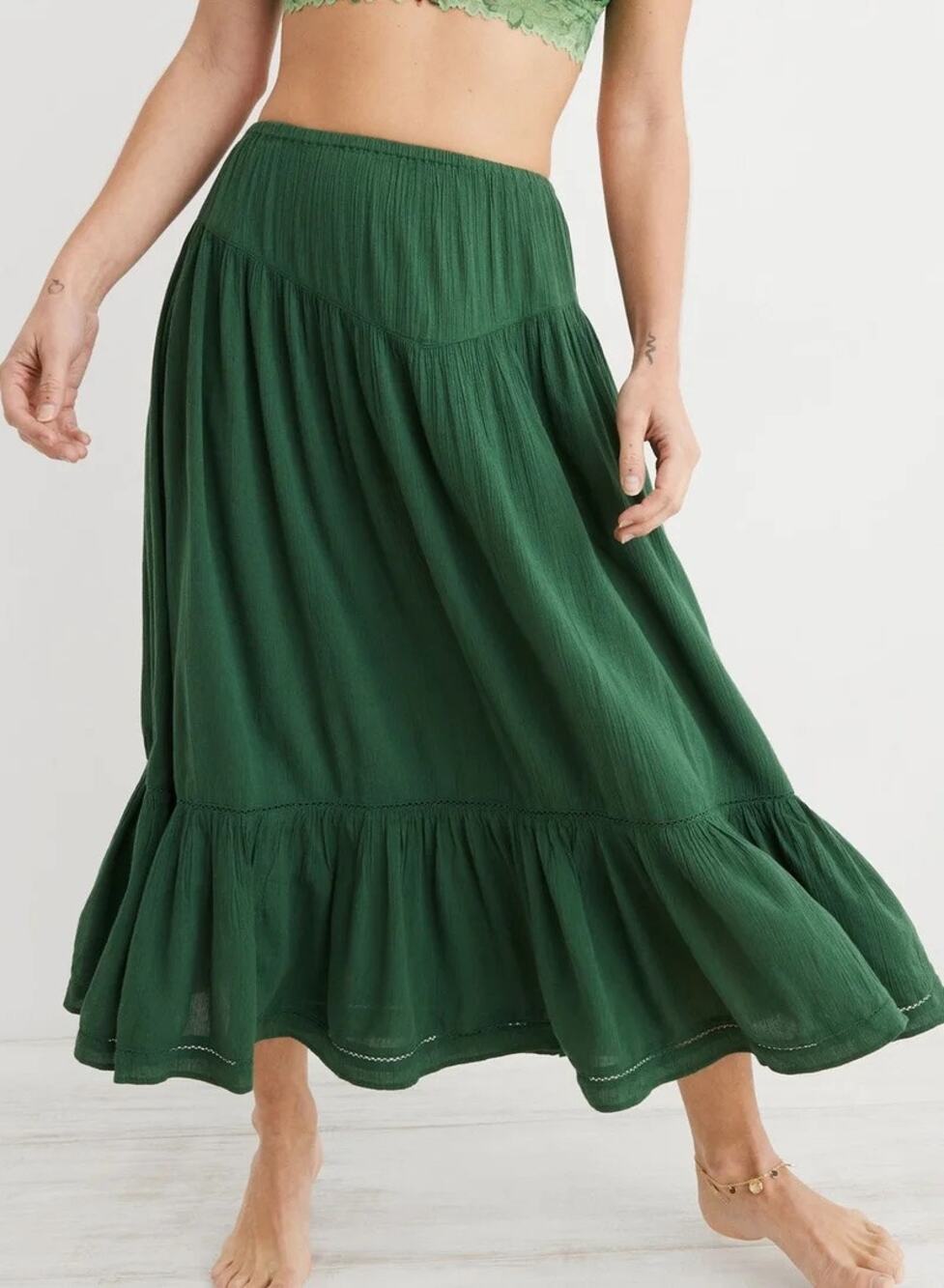 Aerie Ready To Ruffle Tiered Midaxi Skirt Gauze S Petite Green Boho Euro Summer